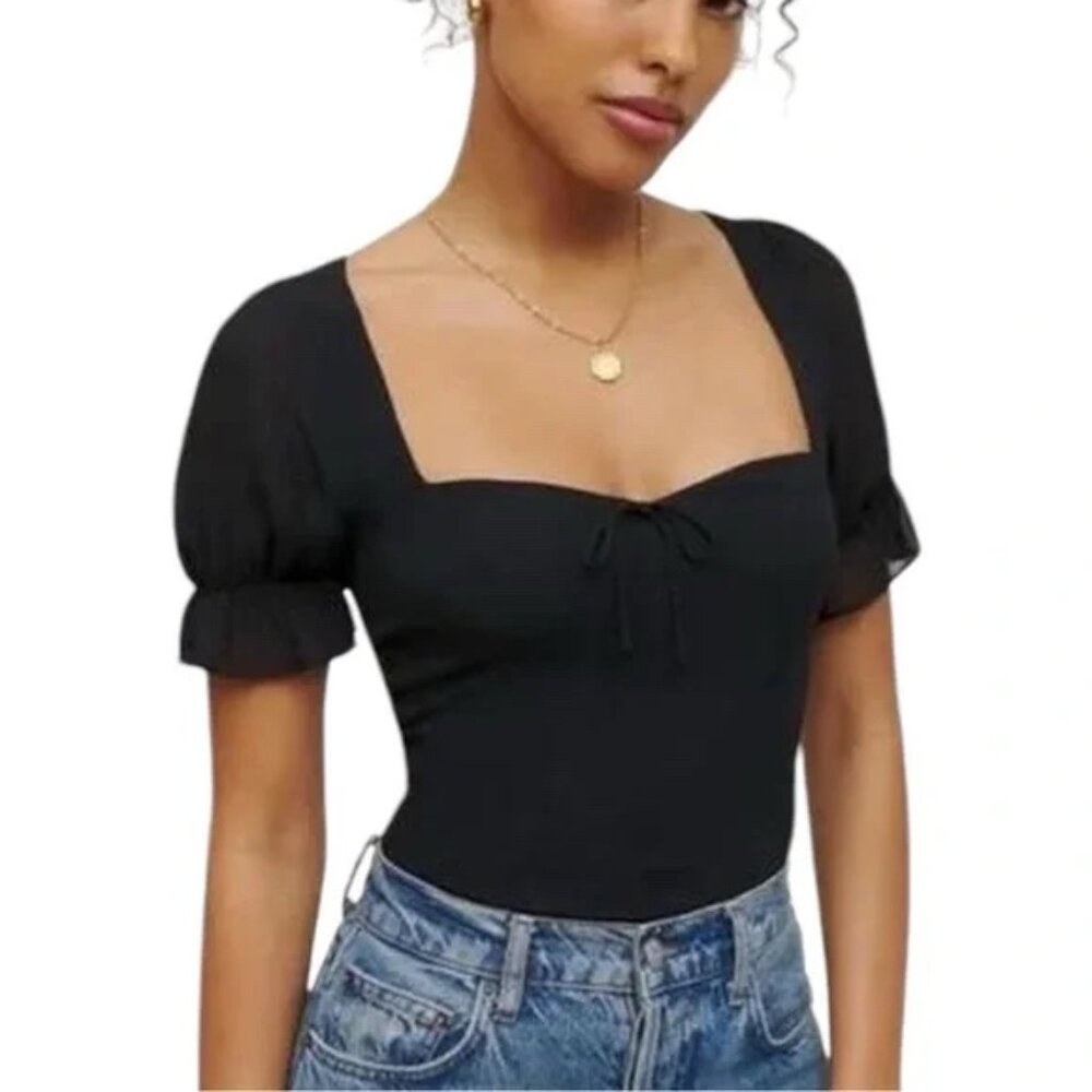 Reformation Delevan Black Short Sleeve Puff Sleeve Sweetheart Neck Top 4